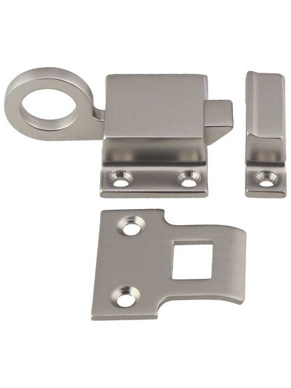 Solid-Brass Transom Window Latch with Box Strike in Satin Nickel.